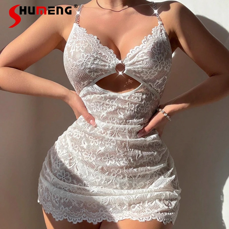 

Backless Slim Hollow Out Nightdress Women's Sexy Pure Desire Thin Lace Nightgowns Female Lace Chain Underwear Sleepshirts