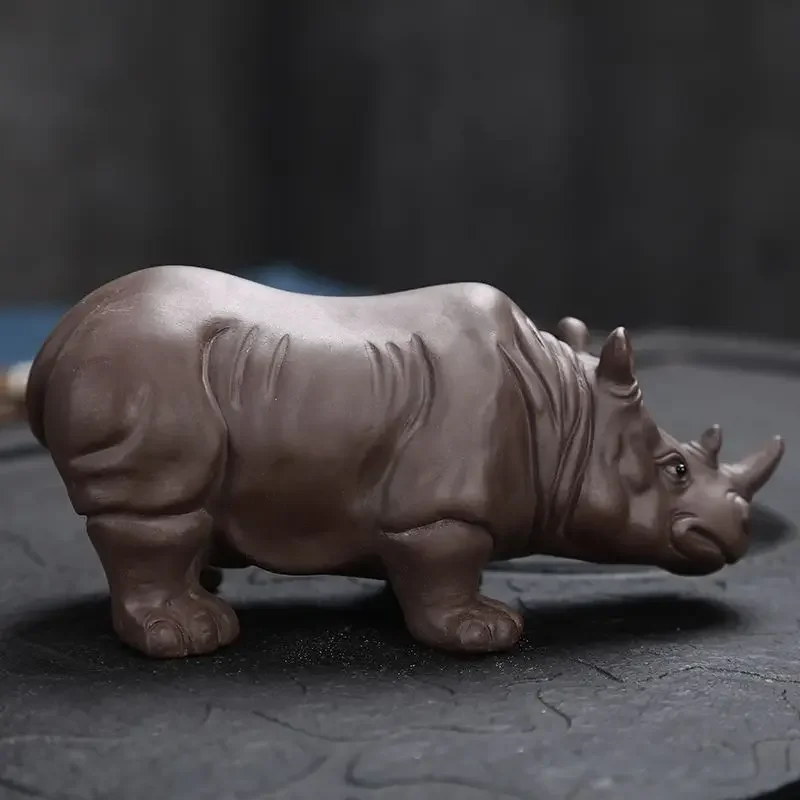 Purple Clay Rhinoceros Ceramic Animal Figurines Zisha Tea Pet Crafts Household Office Tea Accessories Car Decoration Toy