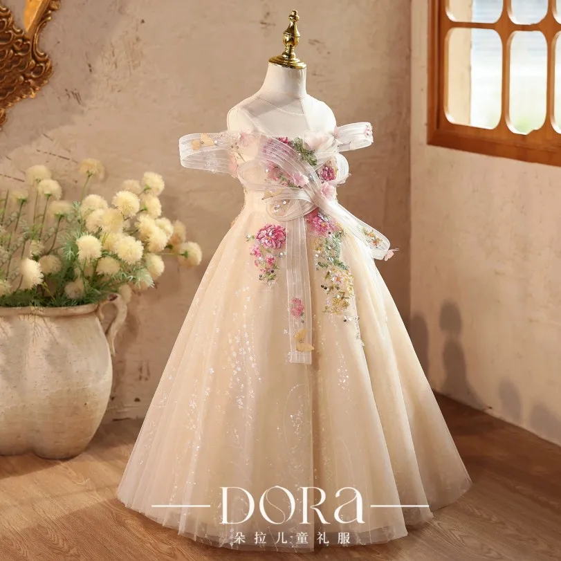 Mädchen Champagner Off-Shoulder Langes Tüllkleid 3D Blumen-Pailletten-Prinzessinnenkleid für Hochzeit Geburtstag Festzug Party Auftritt A5100 – Detail 5