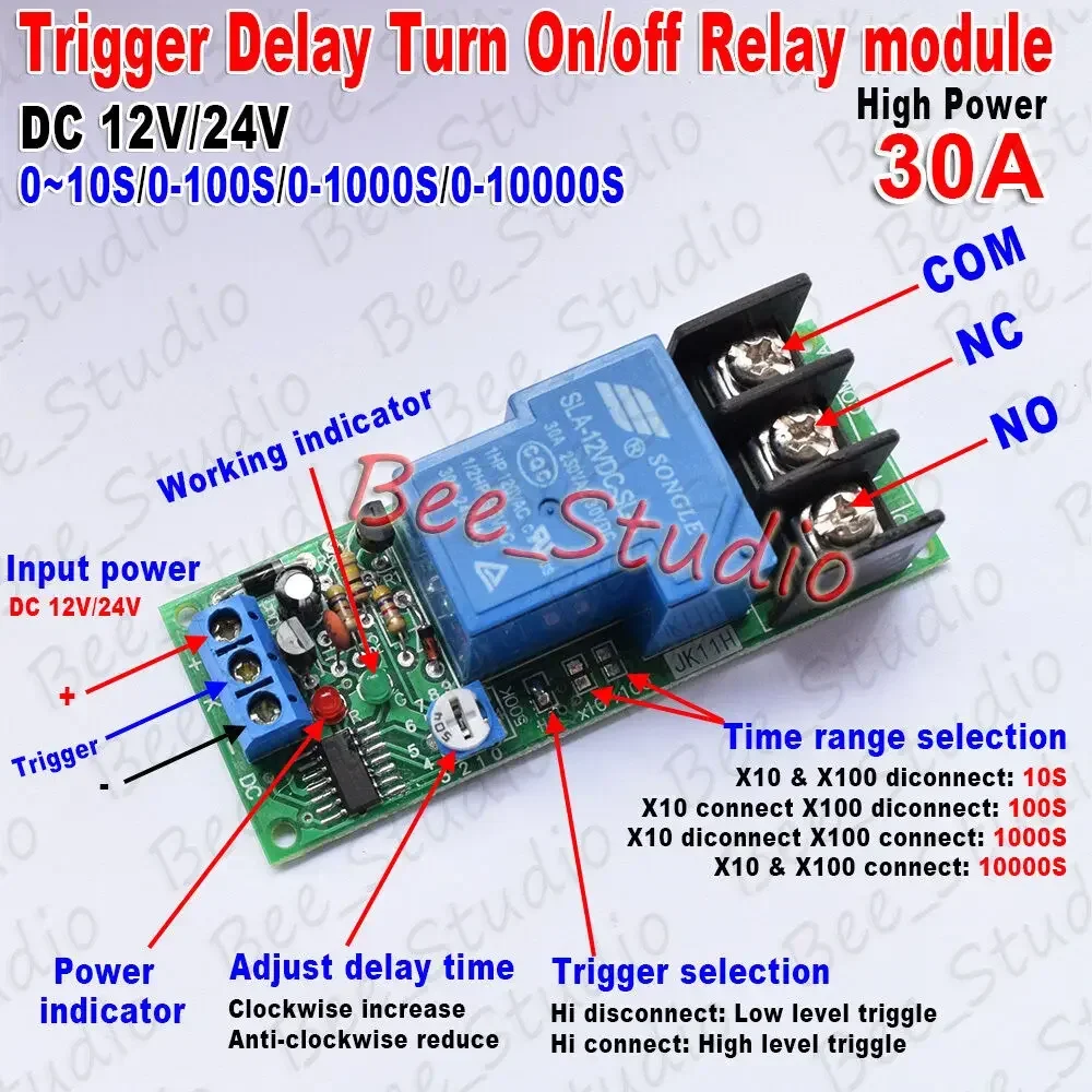 Time Delay Relay Module Circuit  Timer Control Switch DC 12V 24V 30A Adjustable Conduction