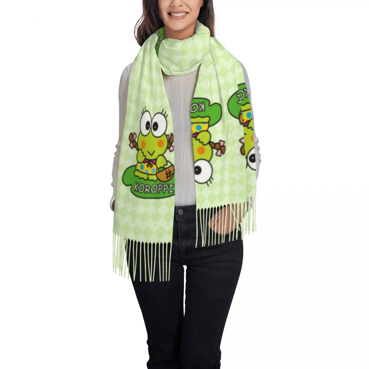 Custom Keroppi Tassel Scarf Women Winter Warm Shawl Wrap Ladies Scarves