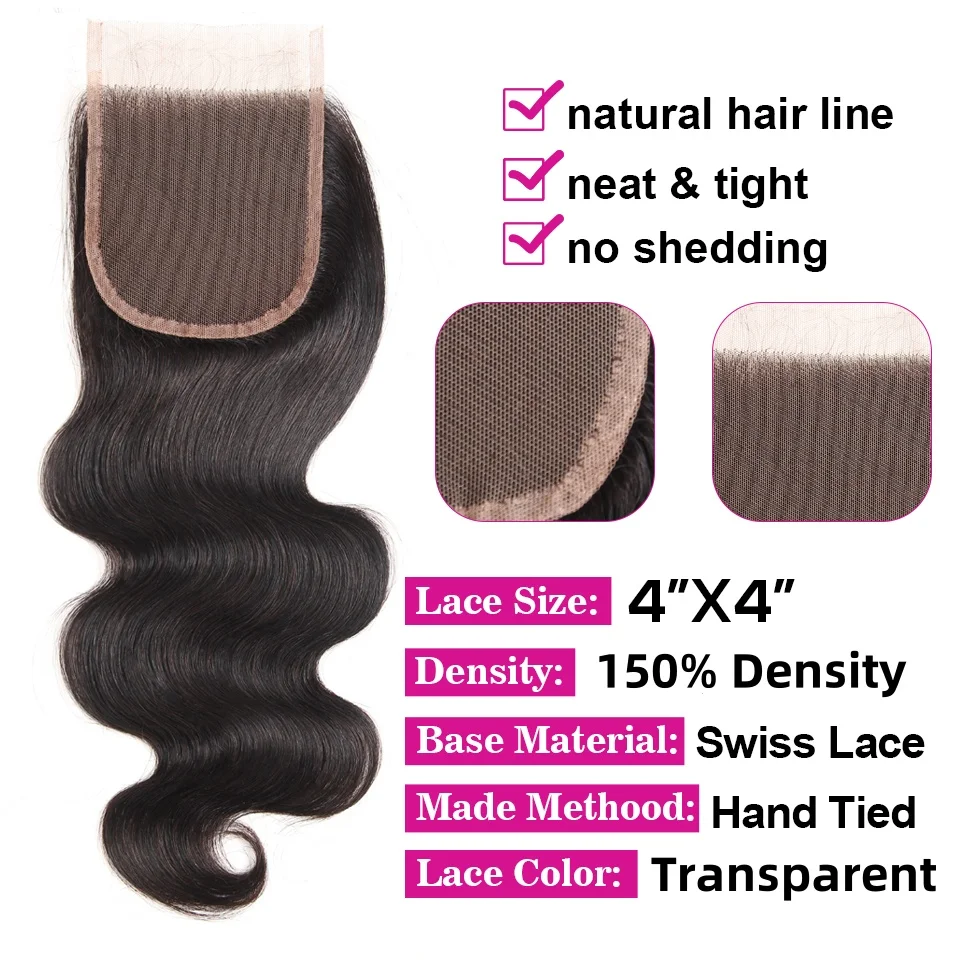 Human Hair Bundles With Closure 4X4 Closure 100% Human Hair Body Wave Natural Human Hair Extensions 150% Density Free Part 50g