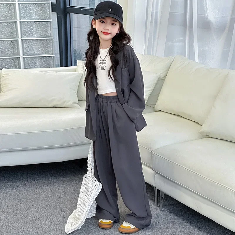 Kids Boutique Clothes Simple Stylish Premium School Teenage Girls Suit Spring Autumn 5-13 Years Blazer Trousers Two Pieces Set