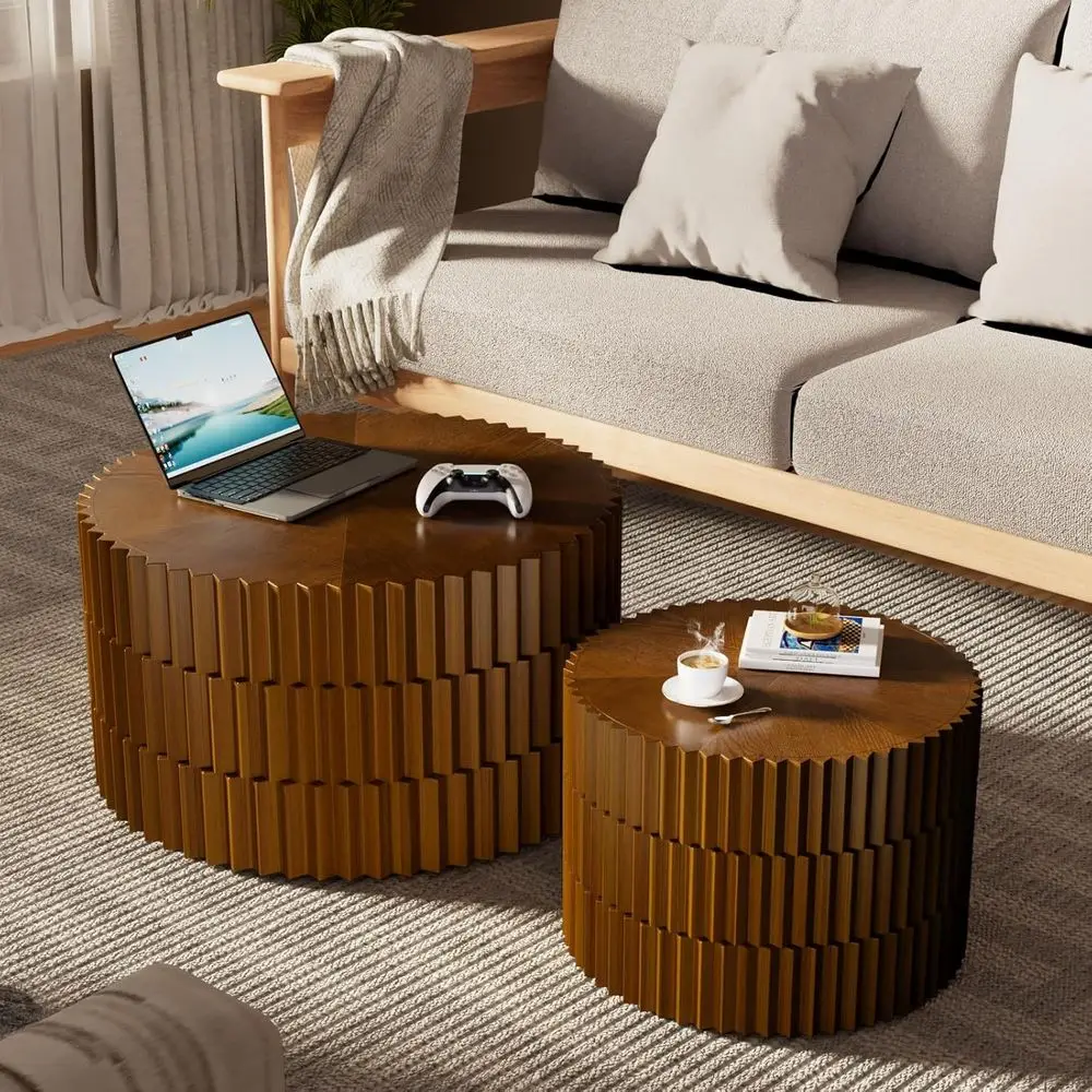 

Handcrat Round Nesting Coee Table - Chic Wave Stripe Edge, ern Stylish Walnut Wooden Circle luted Center Table or Living Room (W
