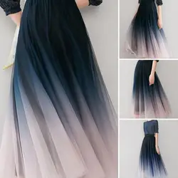 Elegant Tulle Maxi Skirt Women High Waist Gradient Color Pleated Skirt Elastic Waist Loose Casual A Line Skirt Women Clothing