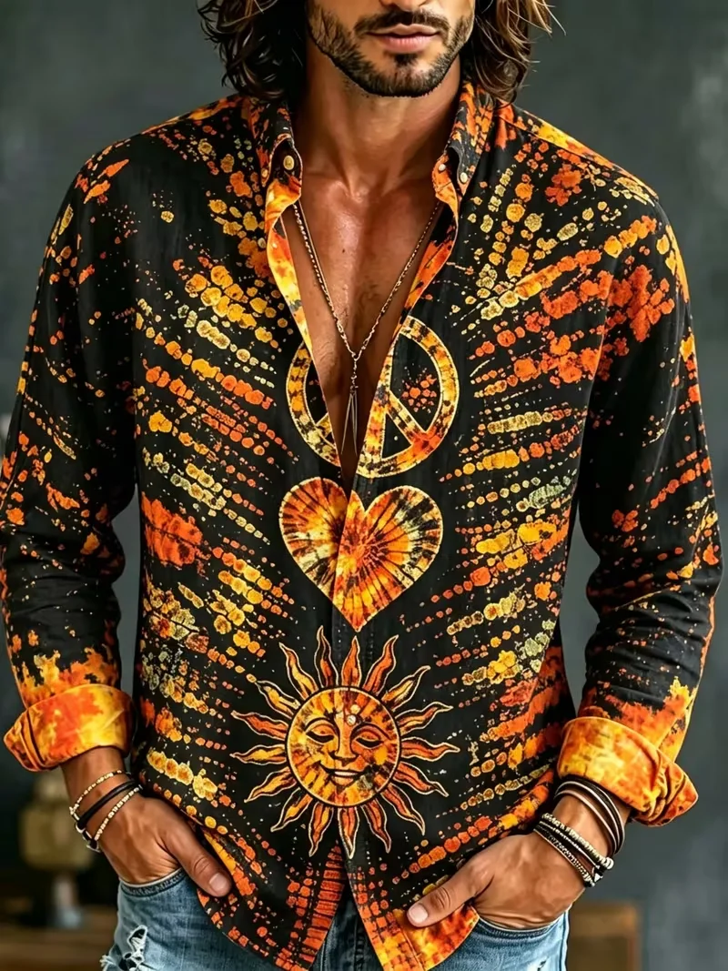 New ethnic style color vertical stripe spiral pattern shirt Bohemian retro men's loose long sleeved shirt