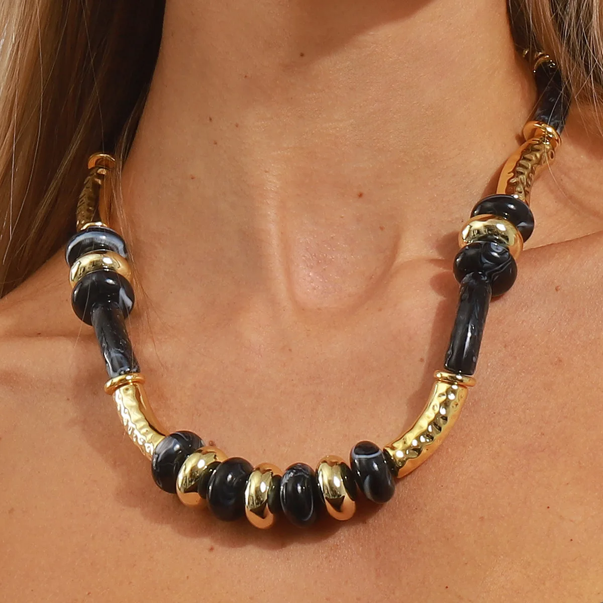 Translucent Amber Tone Curved Bar Bead Necklace Hammered Metallic Accent Collar Bohemian Warm Tone Statement Neckwear