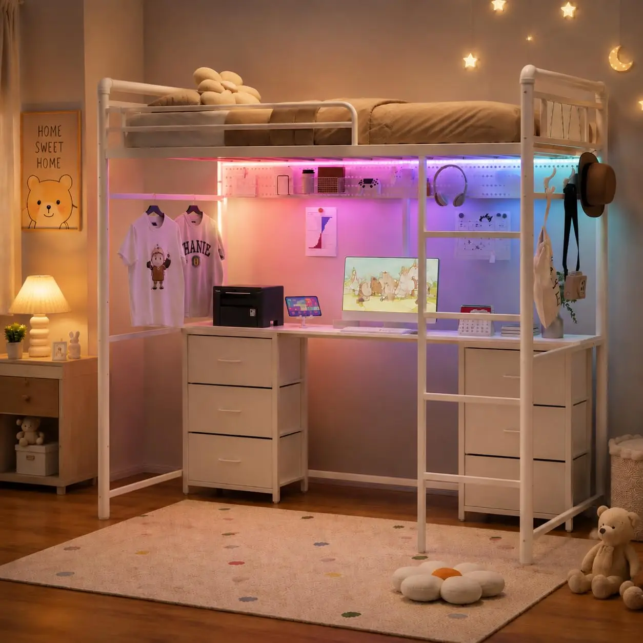 with Charging Station,RGB LED Lights,Pegboard and Hanging Rod & Hooks,Bunk Bed with Desk Underneath for Teens,White