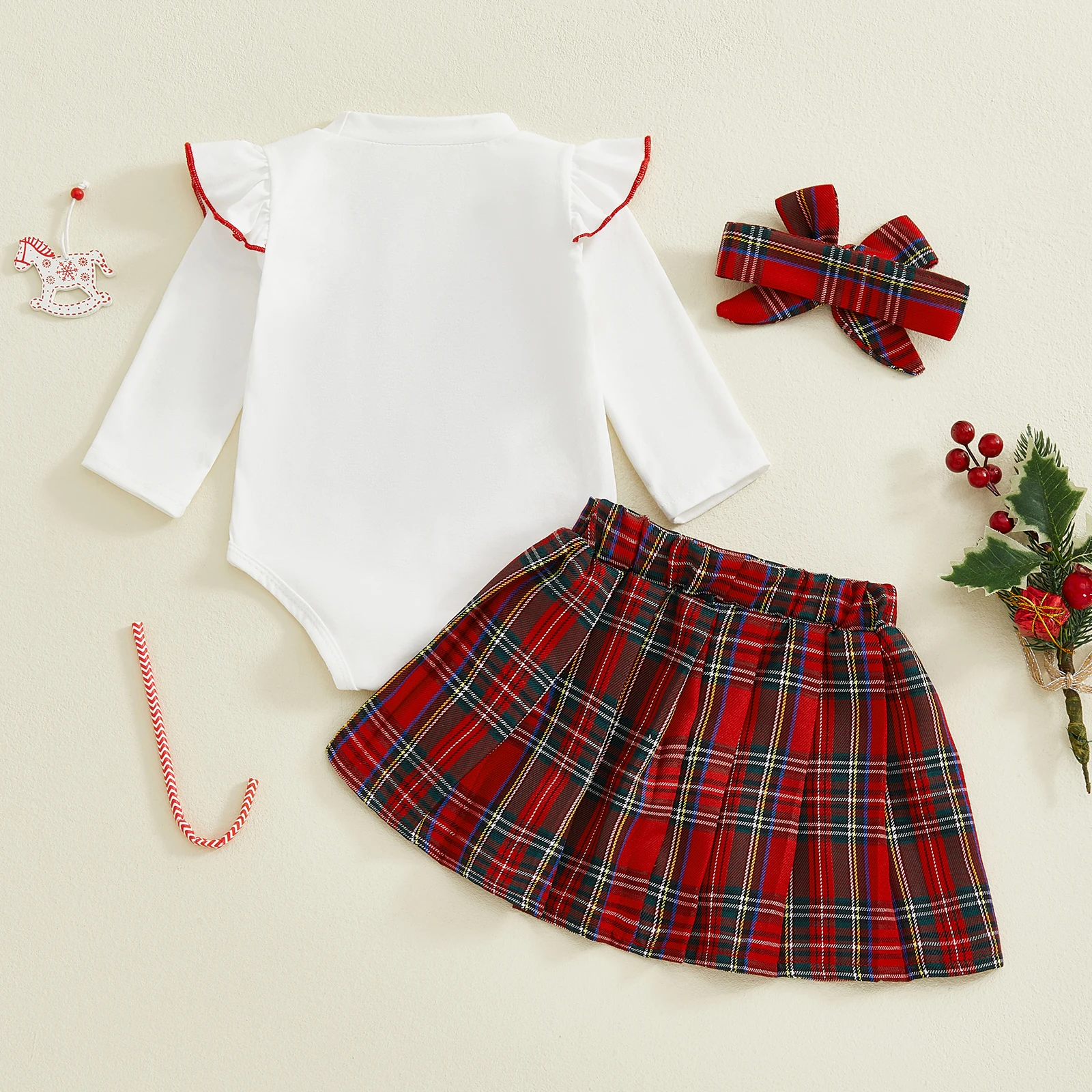 سويتي طفلة عيد الميلاد الزي القوس كشكش تقليم كم طويل رومبير منقوشة مطوي تنورة عقال 3 قطعة مجموعة