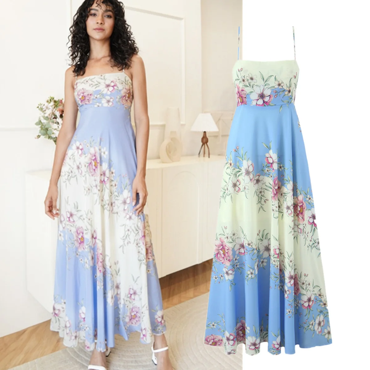 

Jenny&Dave French Fashion Flower Printed Strap Dress Suspenders Dress Elegant Party Dresses Vestidos Woman Clothing