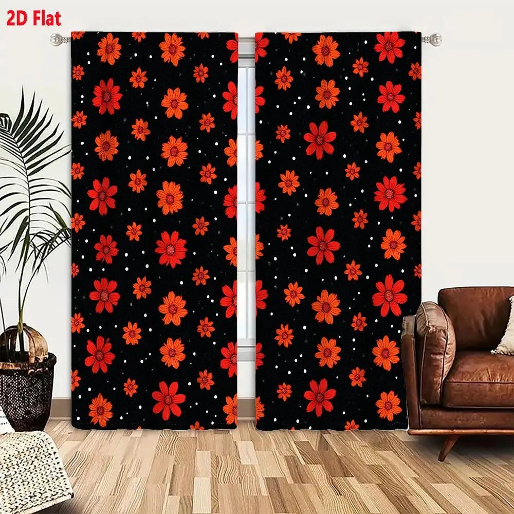 2Pcs Curtains 2D Flat Seamless Pattern With Vibrant Orange And Red Stylized Flowers On Black Background With White Dots Window D