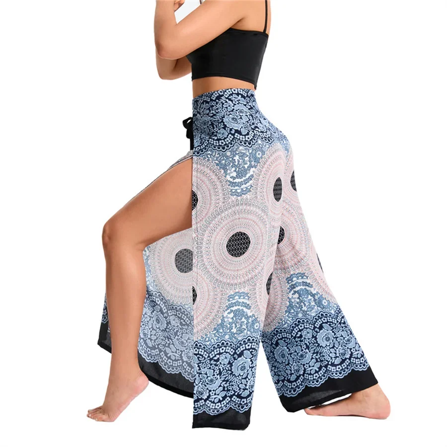 Calças boho palazzo femininas perna larga yoga envoltório amarrar cintura praia cobrir calças rayon macio respirável calças soltas