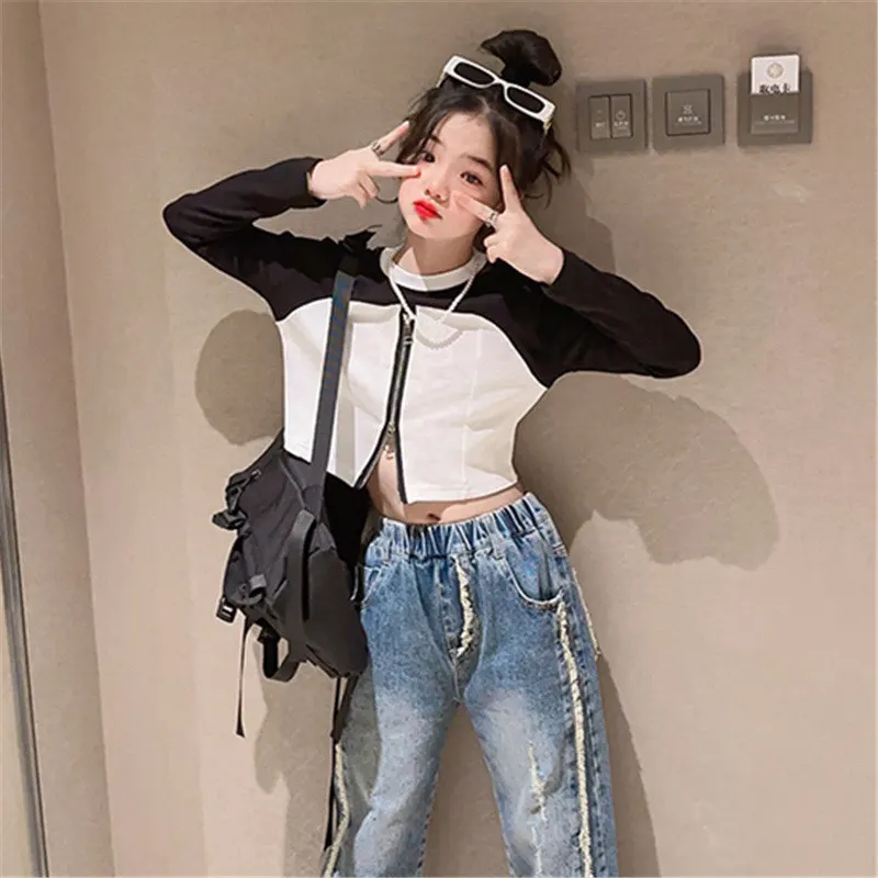 Girls Zipper Tops 8 10 12 14Years Fashion Short T-Shirt Long Sleeve High Waist Tees Kids Color Patchwork Clothes Spring Hot Sale