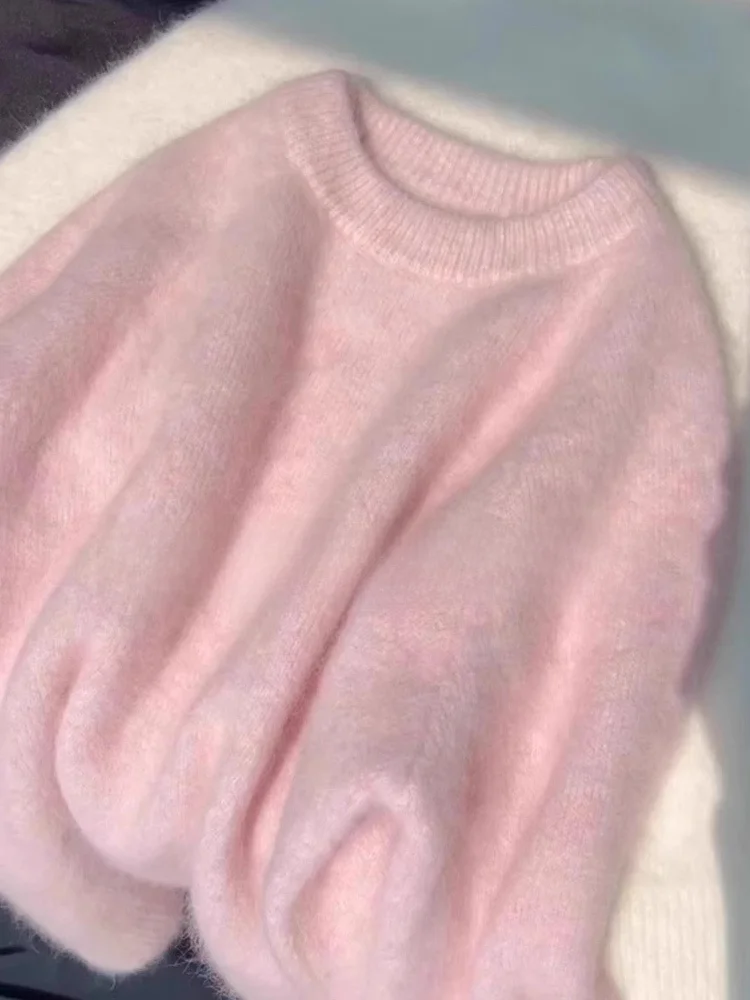 

Розовый вязаный свитер, женский круглый пуловер Ne, приталенный крой, осень-зима, новый корейский модный топ с длинным светом