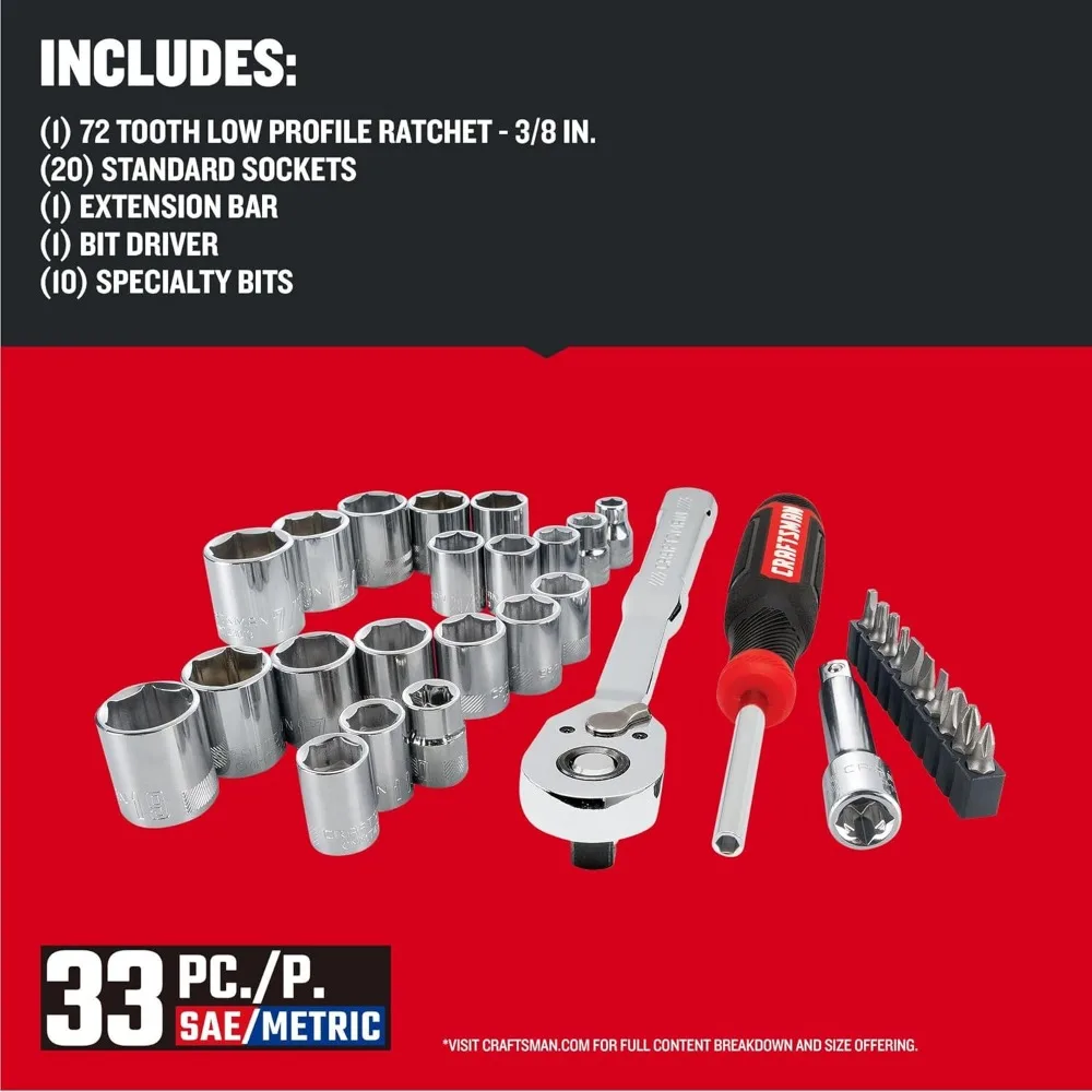Kit de herramientas mecánicas, 33 piezas, unidad 3/8, estándares SAE y métricos