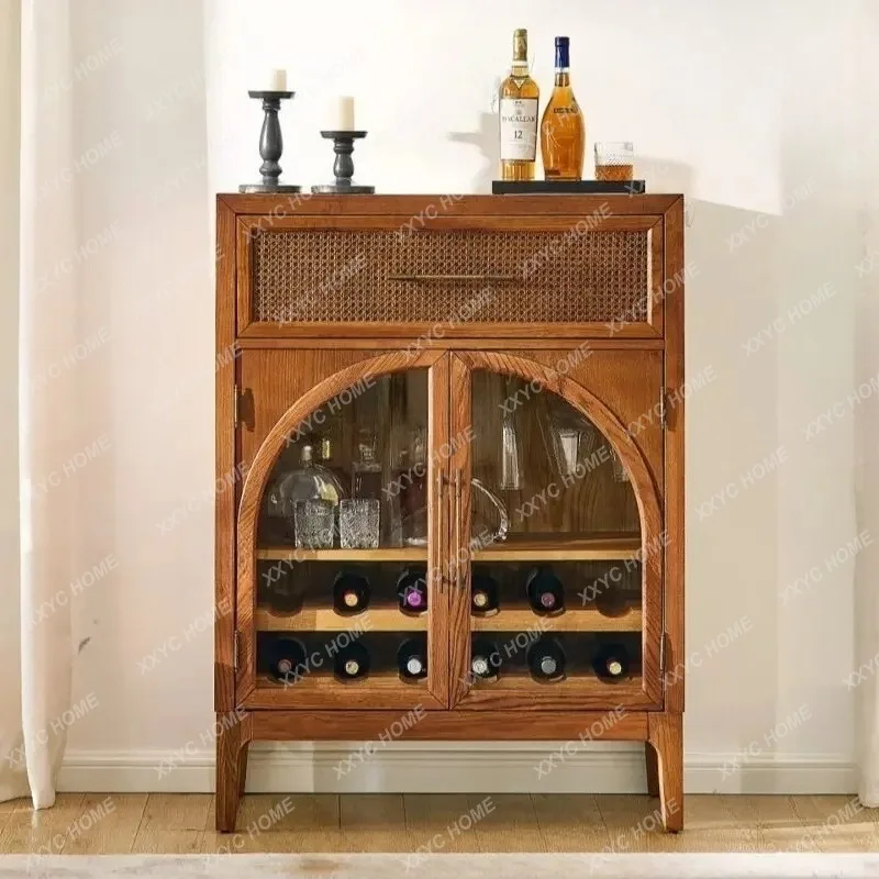 XX Retro rattan curved door wine cabinet white oak living room storage display cabinet locker