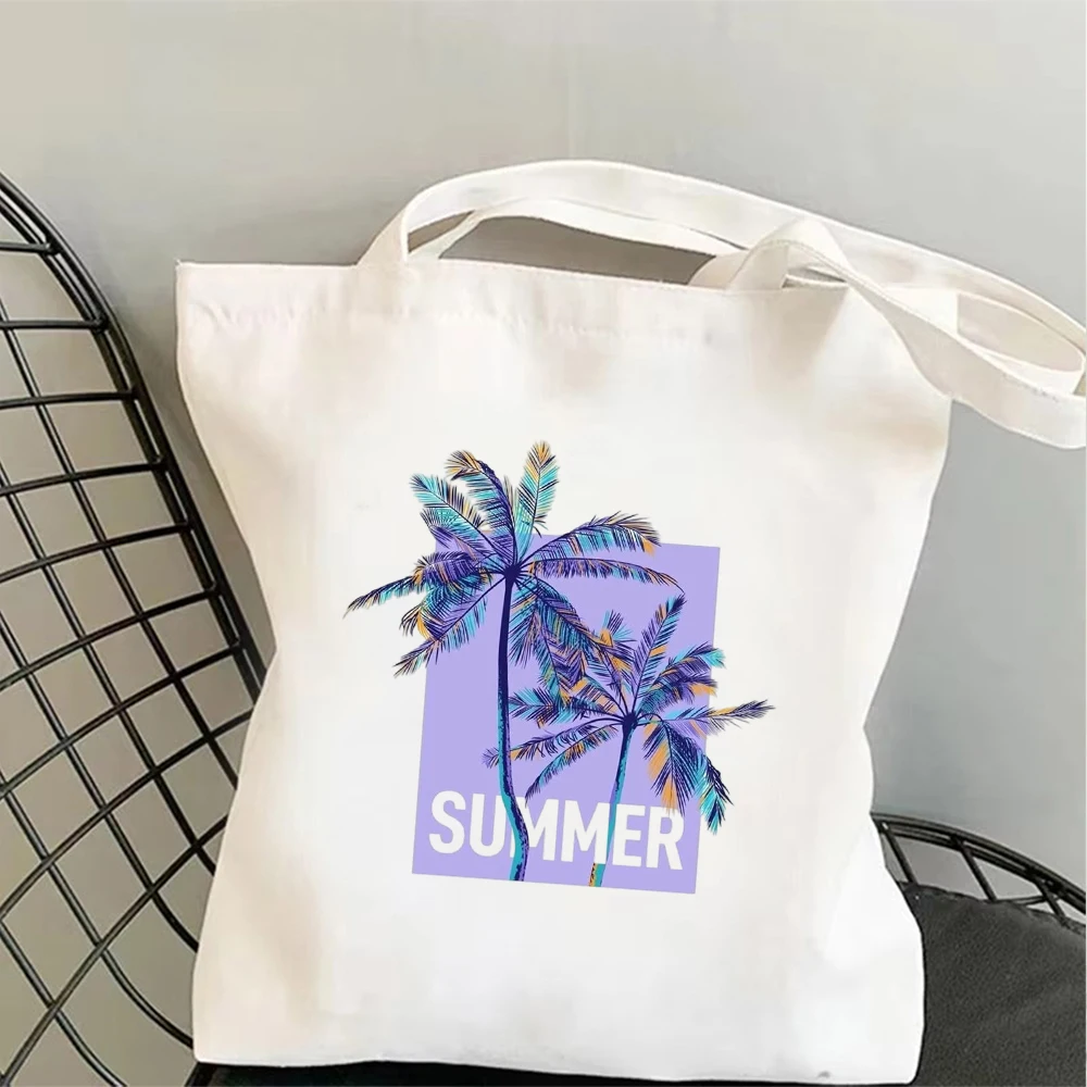 Aesthetic Summer Canvas Tote Bag Cute Purple Tropical Palm Tree Print Reusable Grocery Shoulder Handbag School Bookbag Gift