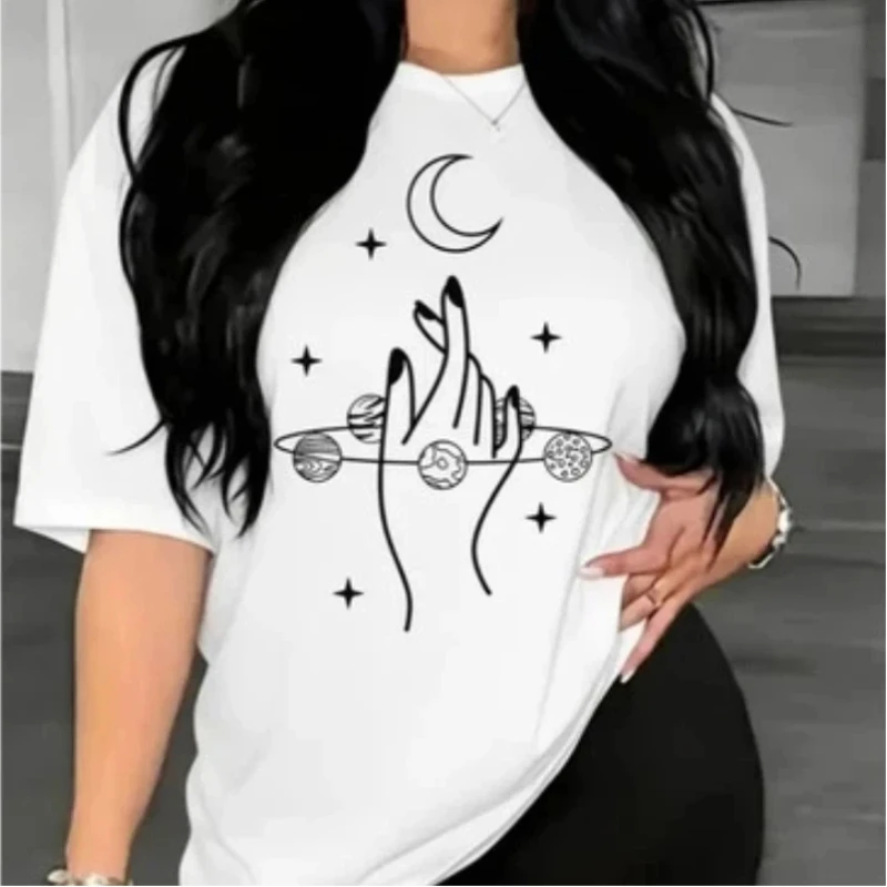 

Женская футболка больших размеров с графическим принтом Moon Hand, летняя повседневная футболка оверсайз с круглым вырезом и коротким рукавом
