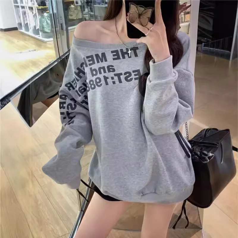 Y2K Sexy Oversize T-shirt Women Spring Autumn Streetwear Print Long Sleeves Off Shoulders Top Female Korean Style Loose Tees Top