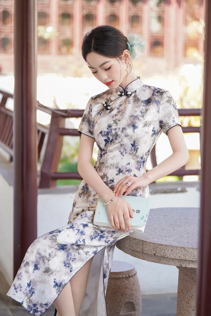 

Sexy Print Floral Cheongsam For Young Girls Vintage Chinese Style Dress Summer Short Sleeve Qipao Dresses