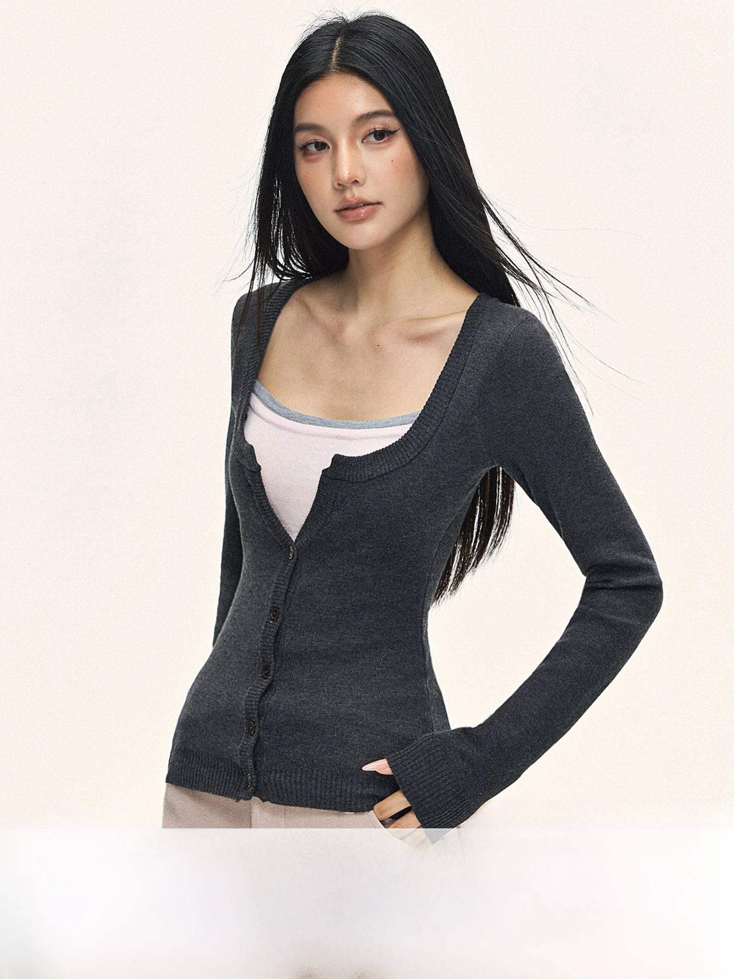 

0PASSION Women's Slim Fit Long Sve Knitted Top Square Collar Color Blo Base Layer Spring Autumn Korean Sle Faion