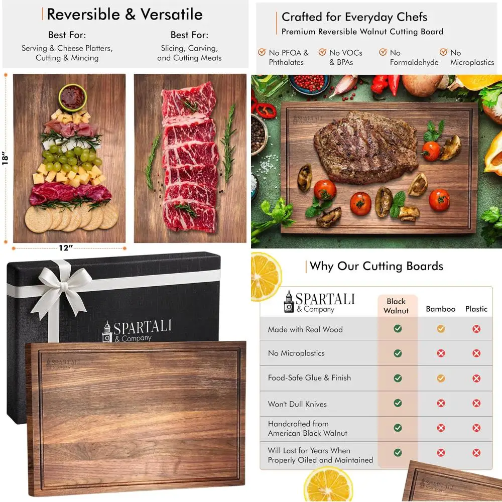 

18 x 12 Black Walnut Reversible Cutting Board with Juice Groove - Hardwood Butcher Block for Meat, Cheese, and Veggies - BPA-Fre