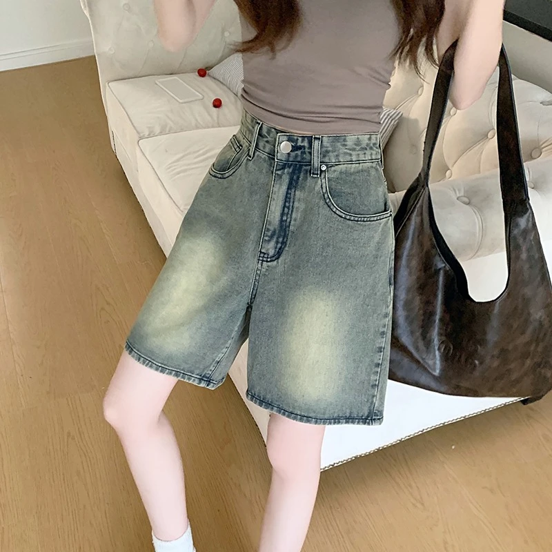2024 Spring New Denim Shorts Women Straight Leg High Waist Solid Color American Retro Casual Versatile Short Pants Female