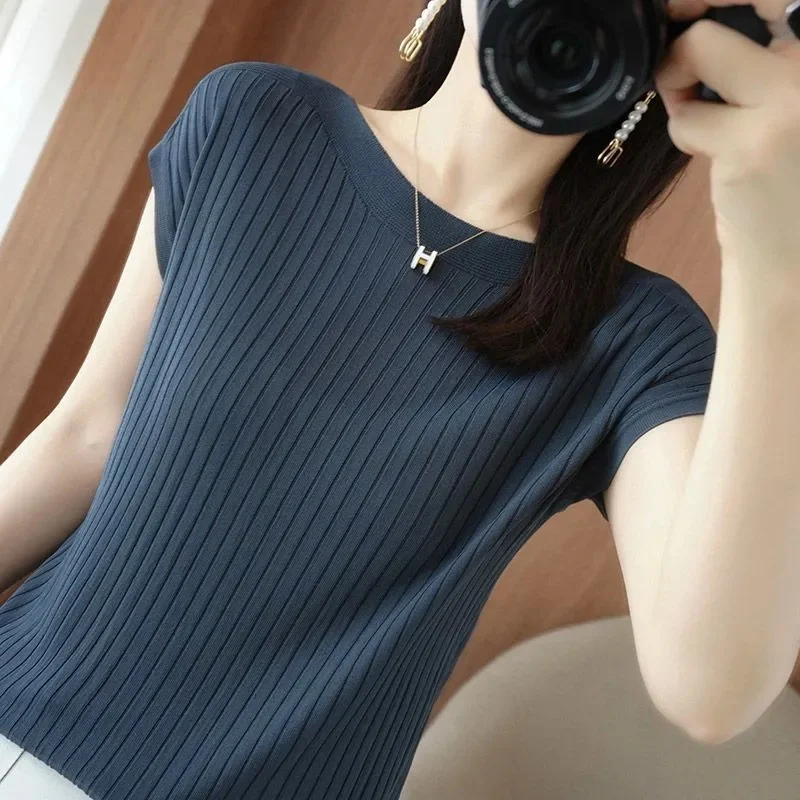 2024 New Spring Autumn Fashion Straight Neck Knitted Sweater Short Sleeve Women Solid Color Simple Casual Tops Femme