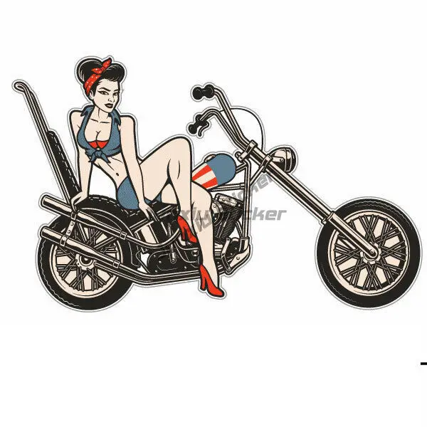 Old School Pinup Girl Mechanic-biker-helmet-motorcycle sticker Bumper Window Phone Trunk Guitar Cover scratches Exterior Decor