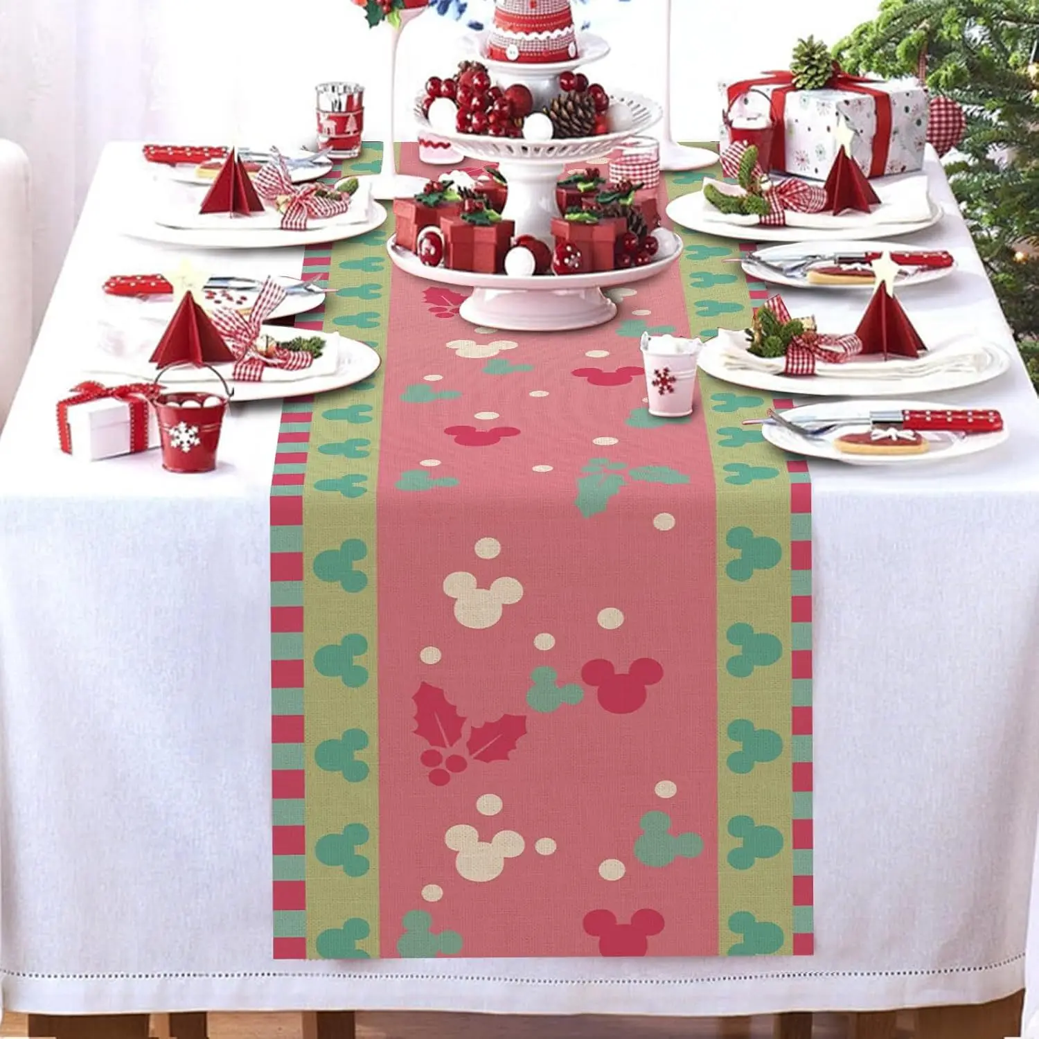 1 Piece Merry Christmas Table Runner, Pink Christmas Winter Hawthorn Cartoon Mouse Print Tablecloth - Outdoor Party and Indoor Room Decoration