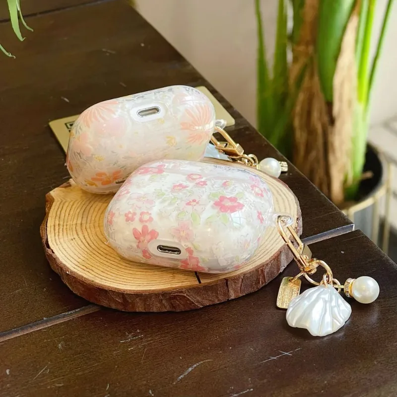 Custodia per auricolari con fiore rosa trasparente carino per AirPods 4 3 2 1 Custodia morbida in silicone per custodie per cuffie Apple AirPod Pro 2 con pendente