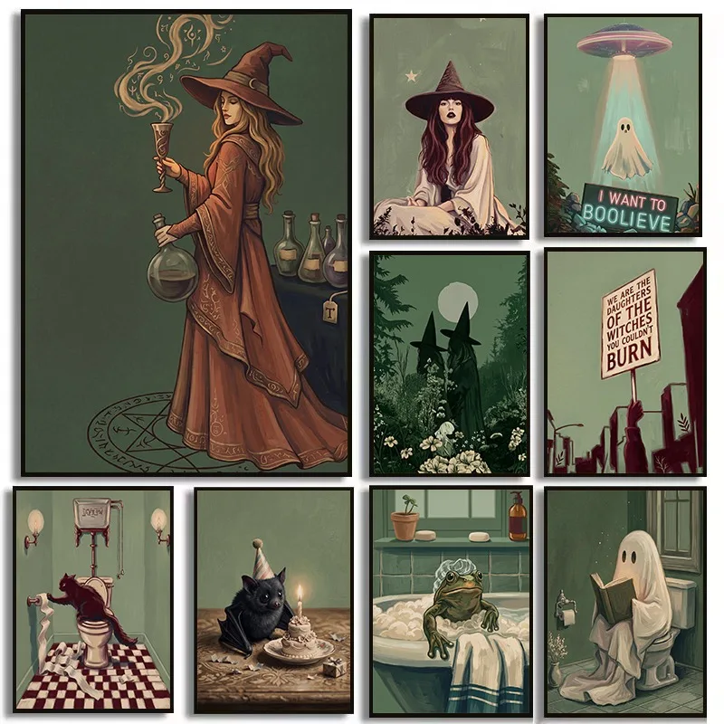 Vintage Witch Magical Apothecary Witch Mystical Potion Ghost Abduction Poster Canvas Painting Wall Art Pictures Home Decor