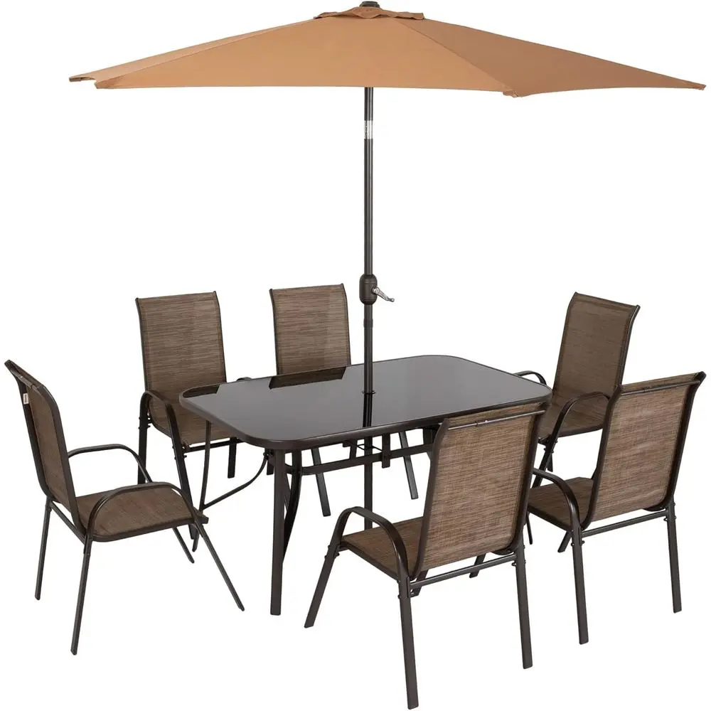 

8-Piece Outdoor Dining Set with 4.5ft Table, 6 Chairs, and 9ft Umbrella with Tempered Glass Top in Mixed Brown