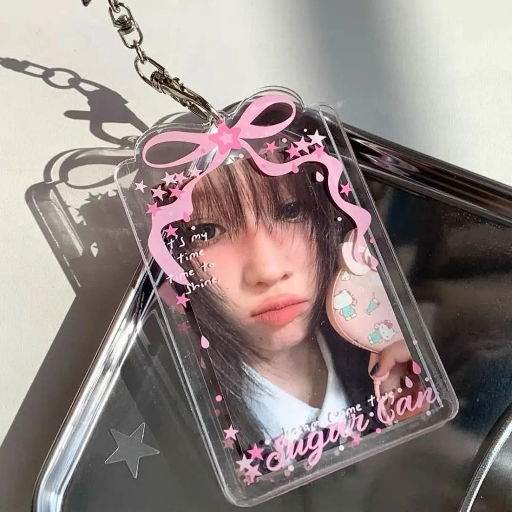 INS Acrylic Photocard Holder Star Bow Design 3-inch Photo Storage Cards Sleeve Keychain Clear Photo Card Case