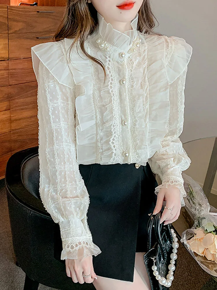 Elegant French Ruffle Vintage Blouse Lace Chiffon Women Stand Collar Bead Sweet Lady Shirt Long Sleeve Top Female Blusas 23023