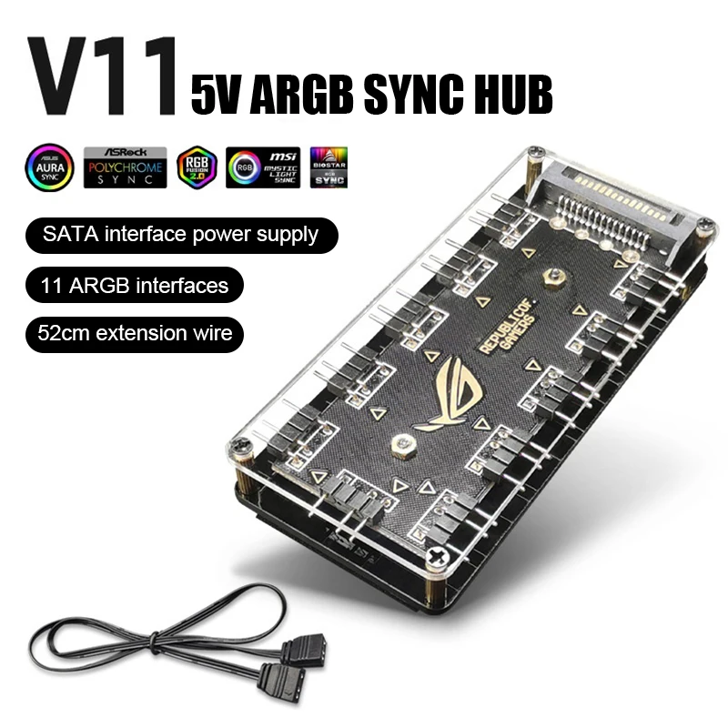 الكمبيوتر برودة مروحة ARGB HUB 1 إلى 11 5 فولت 3Pin LED قطاع ضوء محور محول SATA الطاقة ARGB مروحة الفاصل لعلبة الكمبيوتر