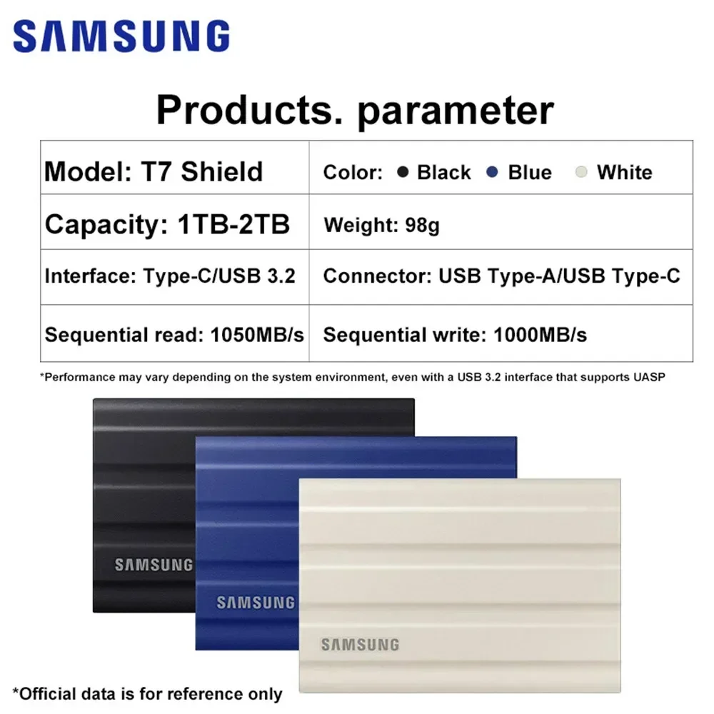 SAMSUNG Portable SSD T7 Shield 1TB 2TB 4TB External SSD USB 3.2 Gen2 Type-C Type-A External Solid State Drive for Laptop Desktop