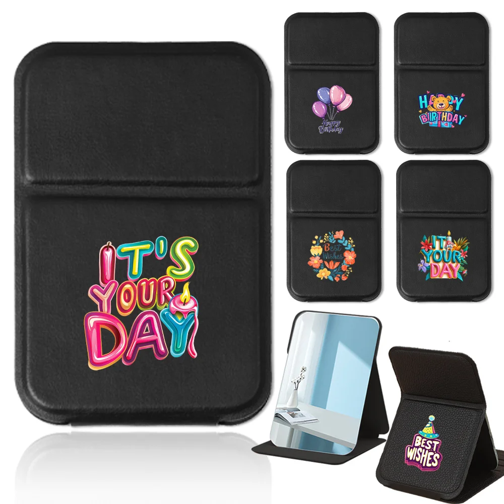 접이식 데스크탑 메이크업 거울 휴대용 PU 핸드헬드 화장 거울 미끄럼 방지 여성용 포켓 메이크업 도구 생일 축하 패턴