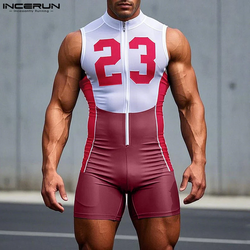 Men Rompers Bodysuits Print Patchwork Zipper Sleeveless Male Overalls Skinny 2025 Summer Color-block Playsuits Workout INCERUN
