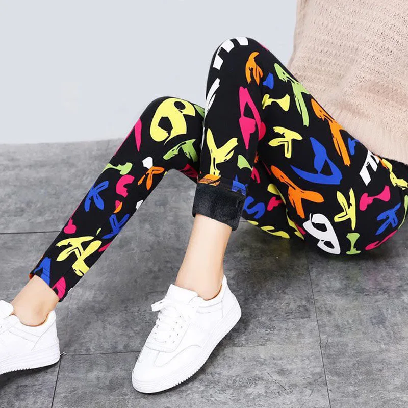 Leggings con forro polar de otoño e invierno, pantalones elásticos de forro polar grueso sin pelusa, ropa de abrigo para mujer, pantalones térmicos estampados