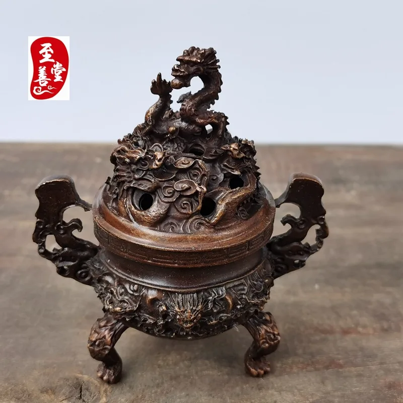 Antique-style copper alloy incense burner with an aged patina, designed for living room decoration, featuring a Qilin and nine d