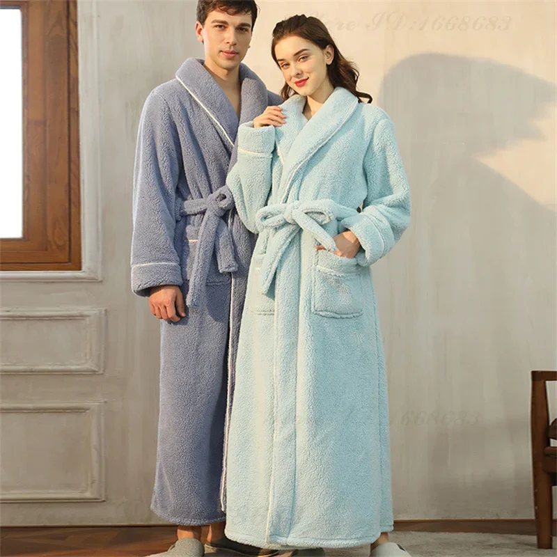 Autumn Winter Warm Bathrobe Gown Home Clothes Thicken Coral Fleece Couple Sleepwear Long Robe Loose Flannel Female Lounge Wear