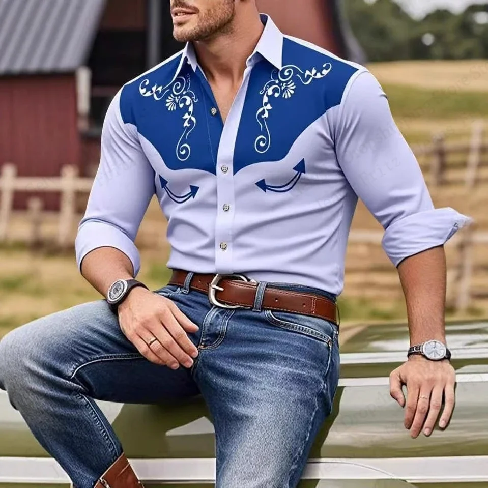 Men's long sleeve European retro western denim 3D printed shirt Men's fashionable casual business button shirt Outdoor top