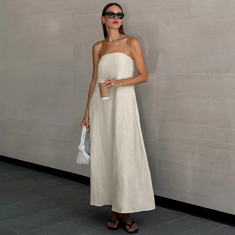 

French-Style Khaki Cotton-Linen Strapless Vacation-Style High-Waisted Dress, Backless, 2026 European And American Summer New