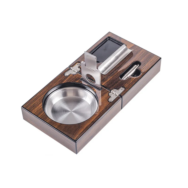 Foldable Cigar Ashtray Ash Tray Cigar Cutter Knife Cigar Holder Walnut Wood Cigar Puncher Cigar Hole Opener Cigar Tool Box Set