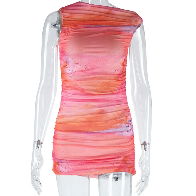 Sexy Druck Geraffte Bodycon Mini Kleid Frauen Nacht Aus Club Tragen Ärmellose Stretch Slim Fit Party Prom Kurze Kleider Geburtstag