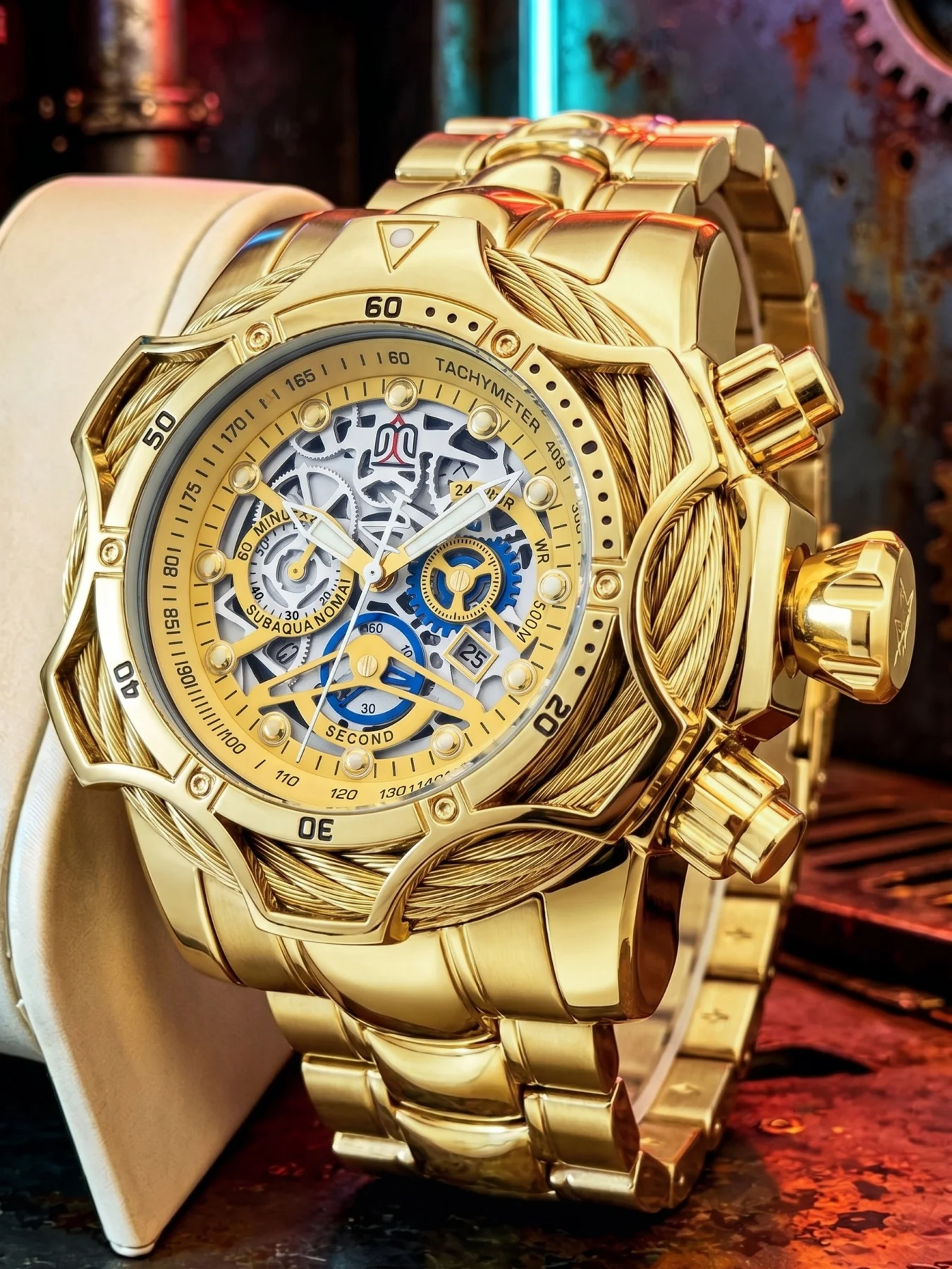 European and American Style Large Dial Men's Quartz Watch, Punk Steel Wire Ring Wristwatch, Calendar Waterproof Luminous Men's Watch, Tough Guy Racing Sports Steel Band Wristwatch, Trendy Business Casual Versatile Men's Wristwatch, Gift for Men view 5