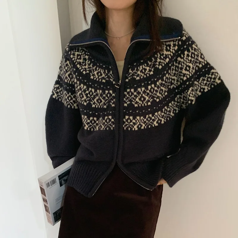 @ In Stock Real Shot French sle Retro Fairisland Half-high Collar Zipper Door Sweater Knit Cardigan Soft Glutinous Outerwear