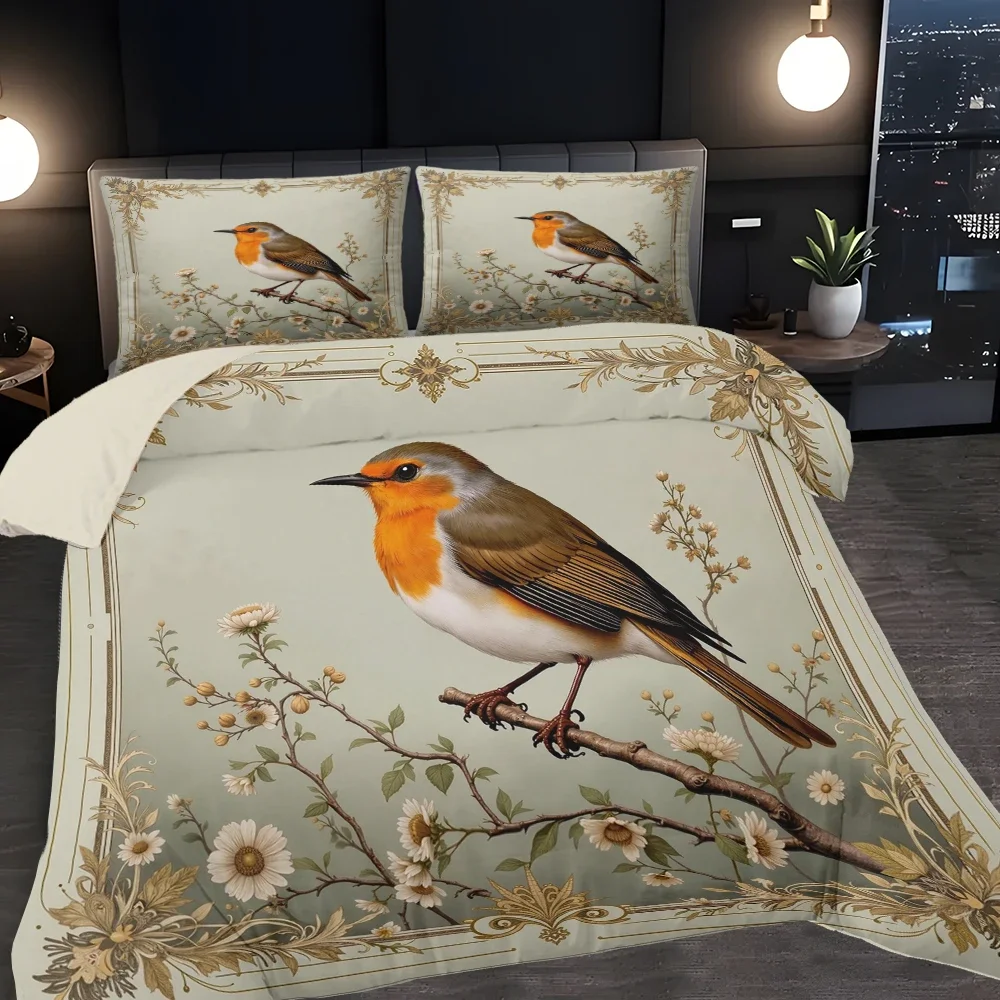 3pcs Robin on The Branch Patterned Digital Printed Quilt Cover Set - Includes 1 Quilt Cover and 2 Pillow Cover (without Filler)