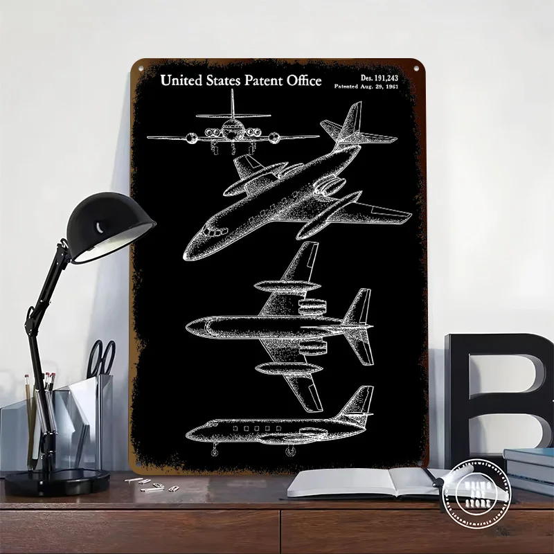 Airplane Patent Design Printed Poster Customized Wall Art Retro Vintage Metal Tin Signs for Home Decoration Gaming Custom Plate